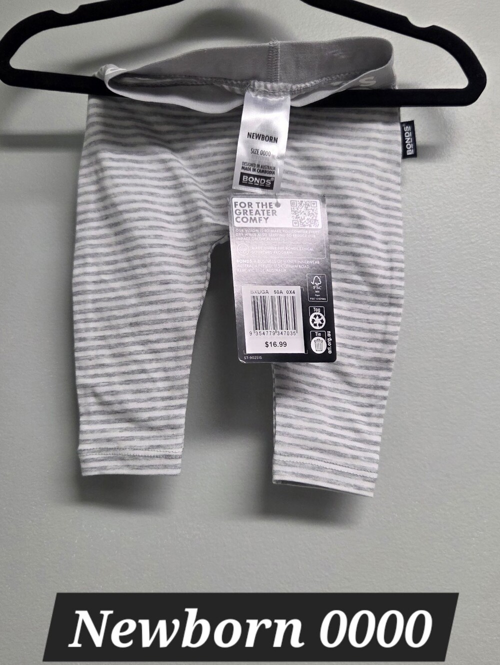 Bonds Baby Leggings in Grey and White Stripe Newborn 0000